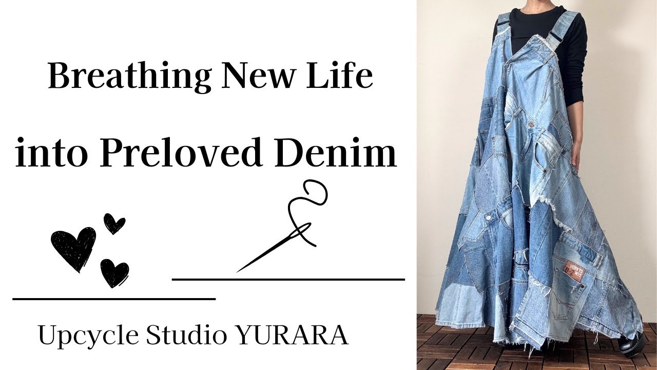 Making a Patchwork Denim Dress from Preloved Jeans | リメイクデニム #upcycledfashion #slowfashion #リメイクデニム