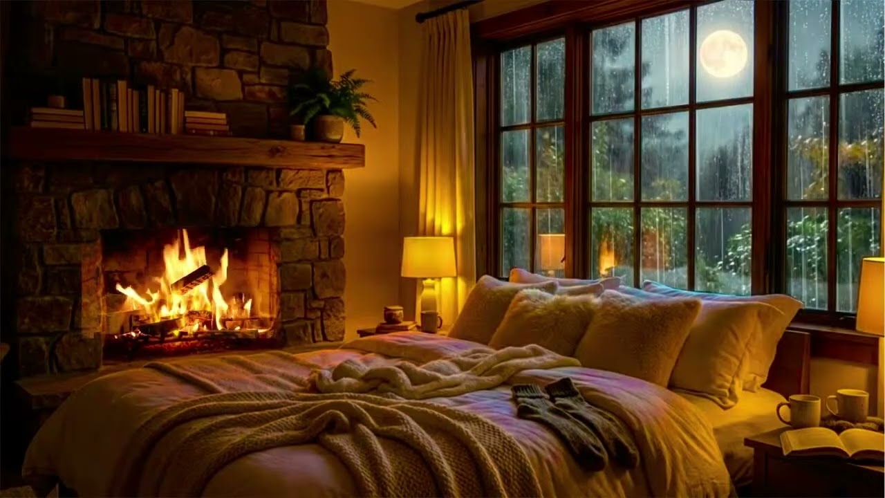 How I Fall Asleep in Minutes 🌙🔥 Cozy Fireplace & Rain Under the Full Moon | Deep Sleep Music