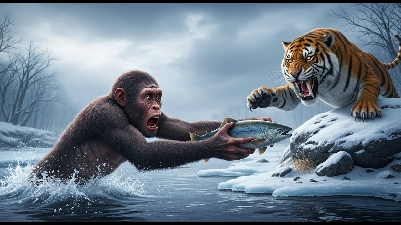 Life 1 5 Million Years Ago Ancient Earth Apes Hunt Salmon In Frozen Stream Ambushed By Deadly Predat
