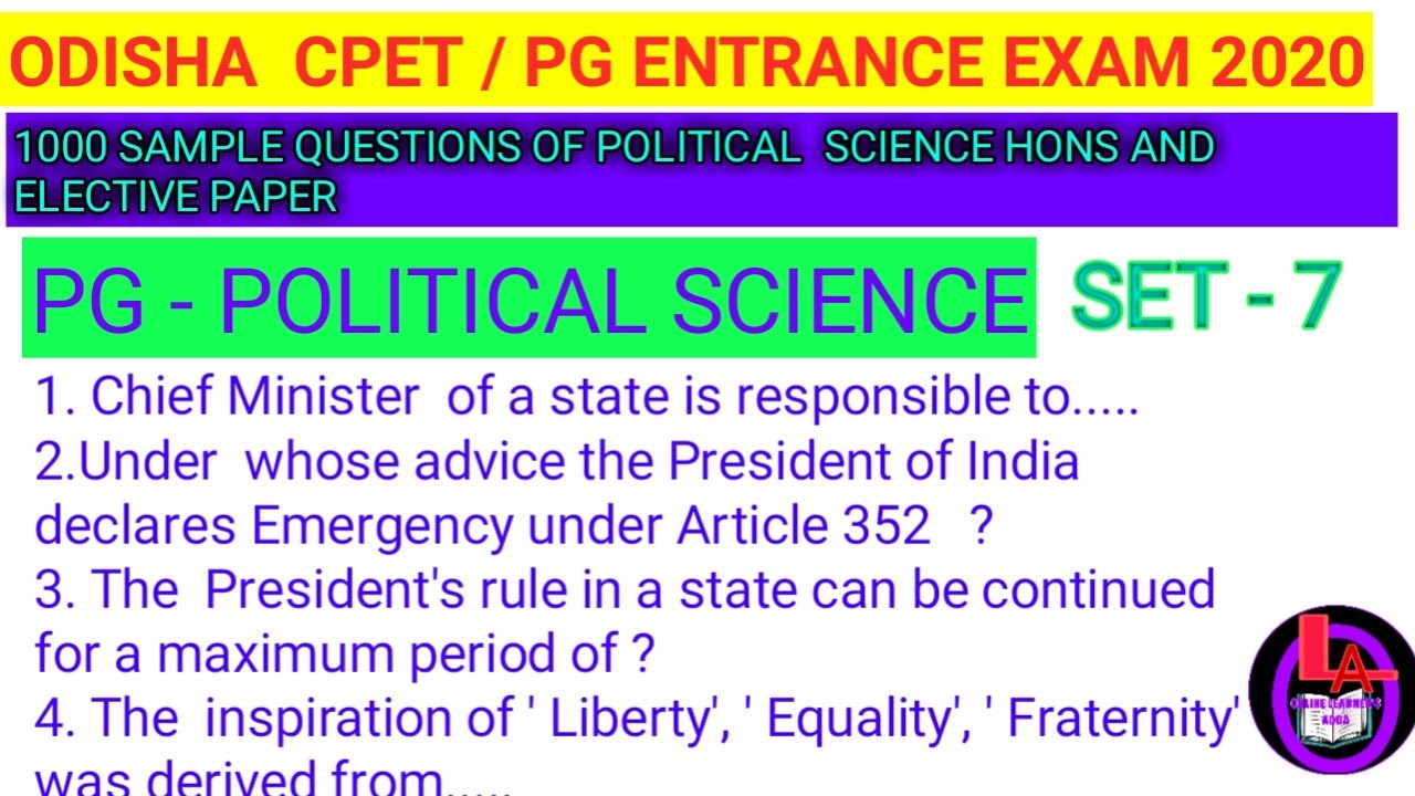 PG- POLITICAL SCIENCE -1000 SAMPLE QUESTIONS FOR ODISHA CPET/PG ENTRANCE EXAM 2020 SET- 7