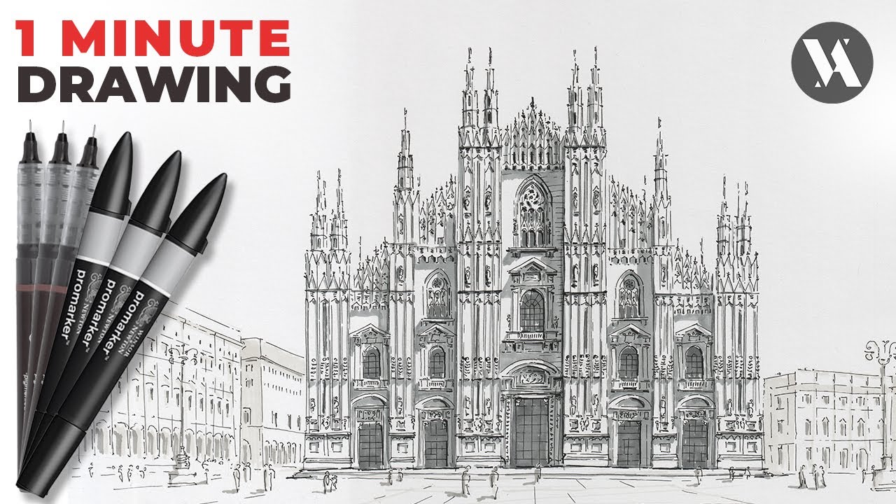 1 Minute Architecture Drawing Duomo Cathedral Milan ★ 4K ★ Freehand Architecture Drawing
