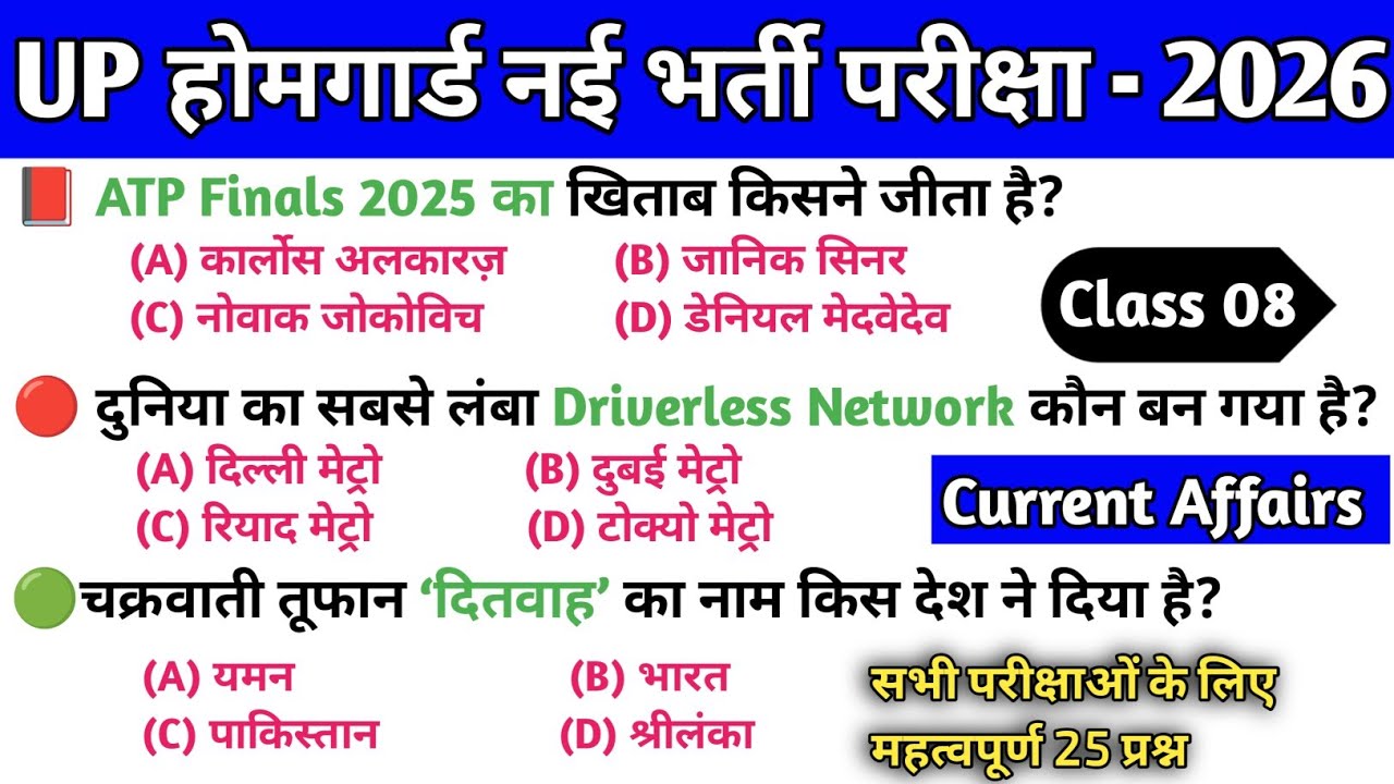 UP HOME GUARD EXAM 2026 | Current Affairs Class 08 | Current MCQ question 🔴 UPSI, UPASI, UPP #video