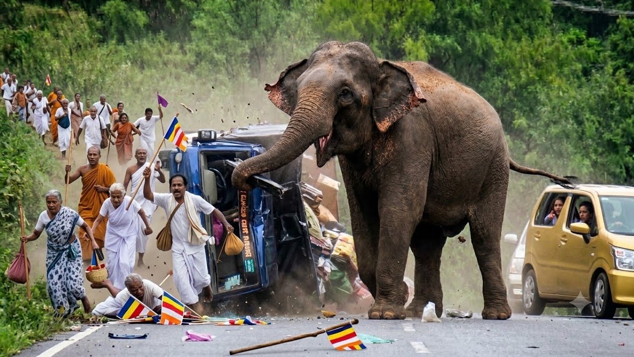 Dramatic Elephant Attack on Road! Devotees Run for Safety 😱🐘