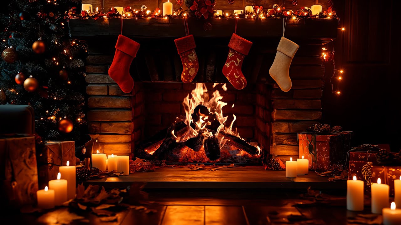 🎄 Уютная рождественская атмосфера камина (4K) | Потрескивание огня, свечи и праздничная тишина