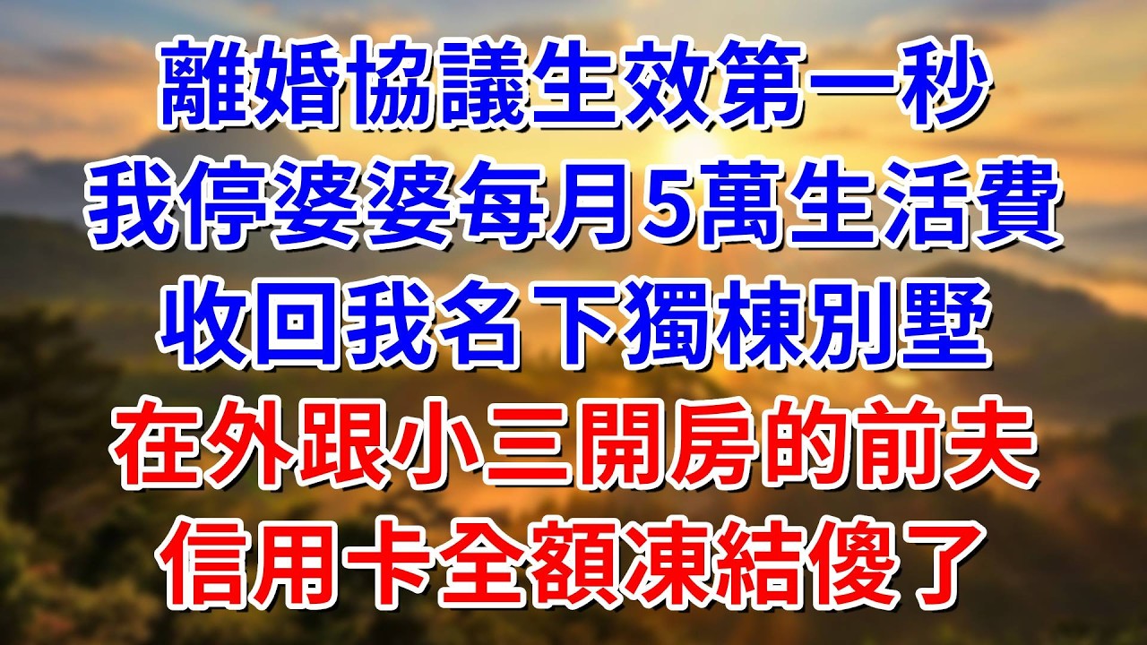 離婚協議生效第一秒，我停婆婆每月5萬生活費，收回我名下獨棟別墅，在外跟小三開房的前夫，信用卡全額凍結傻了#阿木講故事#為人處世#生活經驗#情感故事#養老#睡前故事