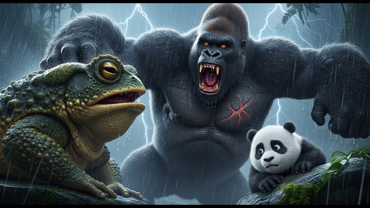 Rescue the little panda: EPIC BATTLE: King Kong fights Giant Toad in Heavy Rain