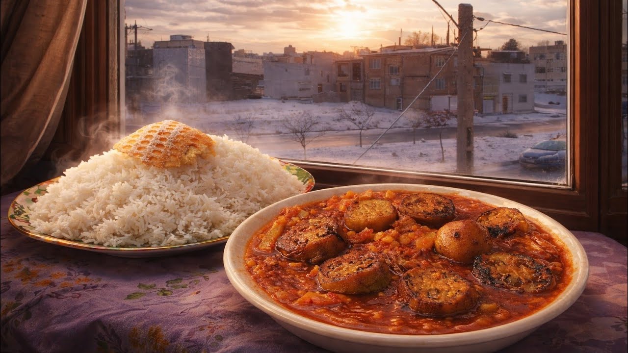 Khoresh Gheymeh Bademjan on a Snowy Day — Warmth from a Cozy Home