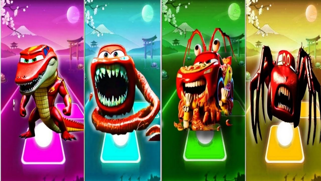 McQueen Monster Evolutions in Tiles Hop! 🔥 T-Rex, Spider, Octopus & Food Car Transformations! 🦖🕷️🚗🎵