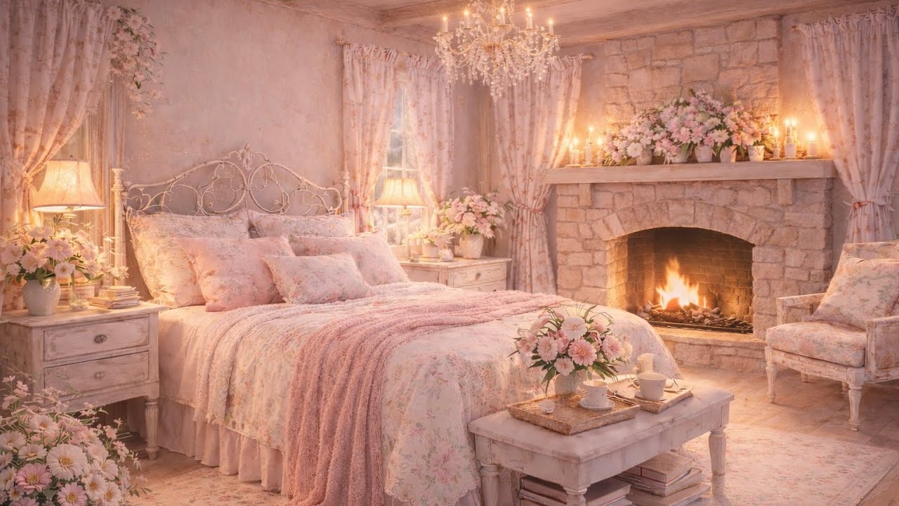 Cottagecore Bedroom Ambience  🦢 Cozy Fireplace (4 Hours)