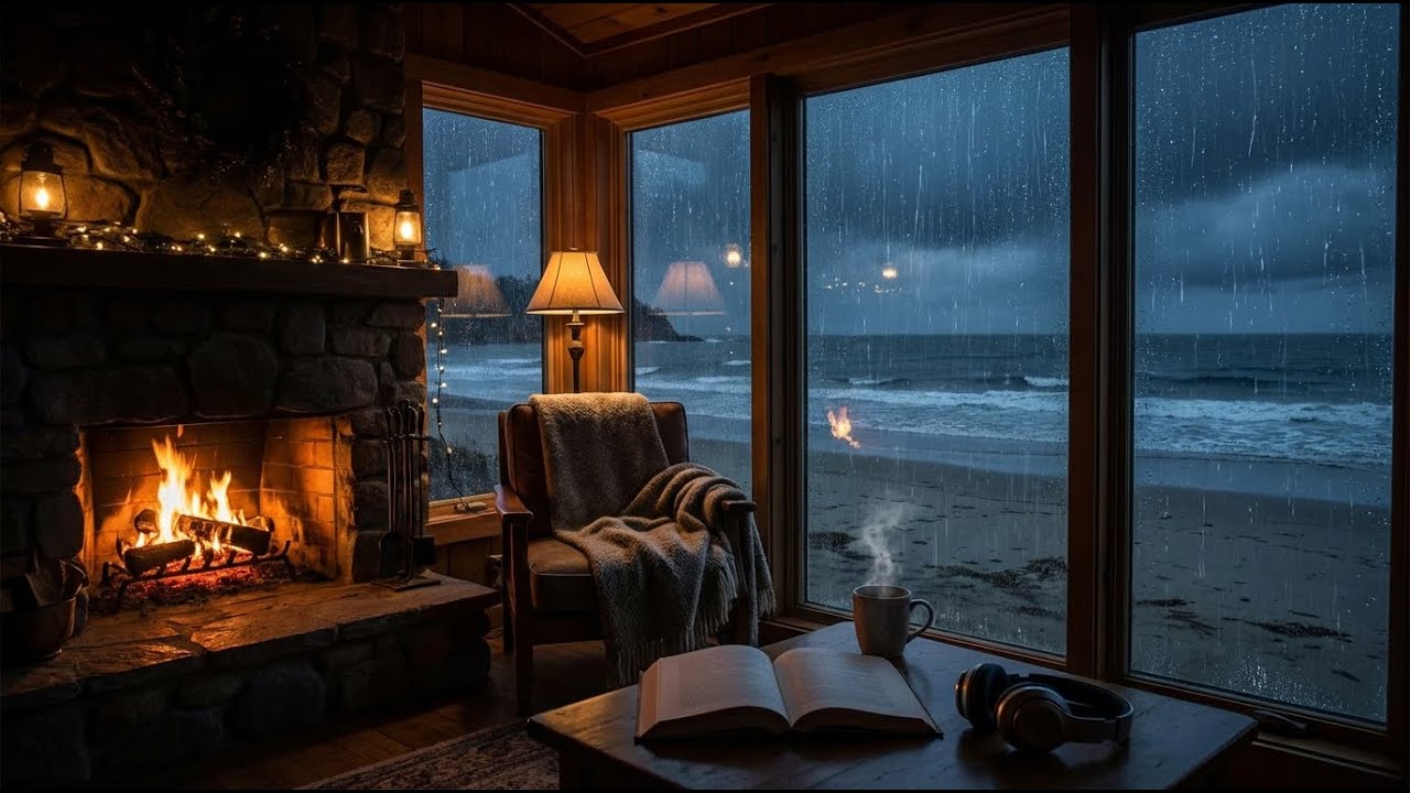 😴 12 HOURS  Rain & Fireplace Ambience 🌧️🔥   Relaxing Ocean Cabin