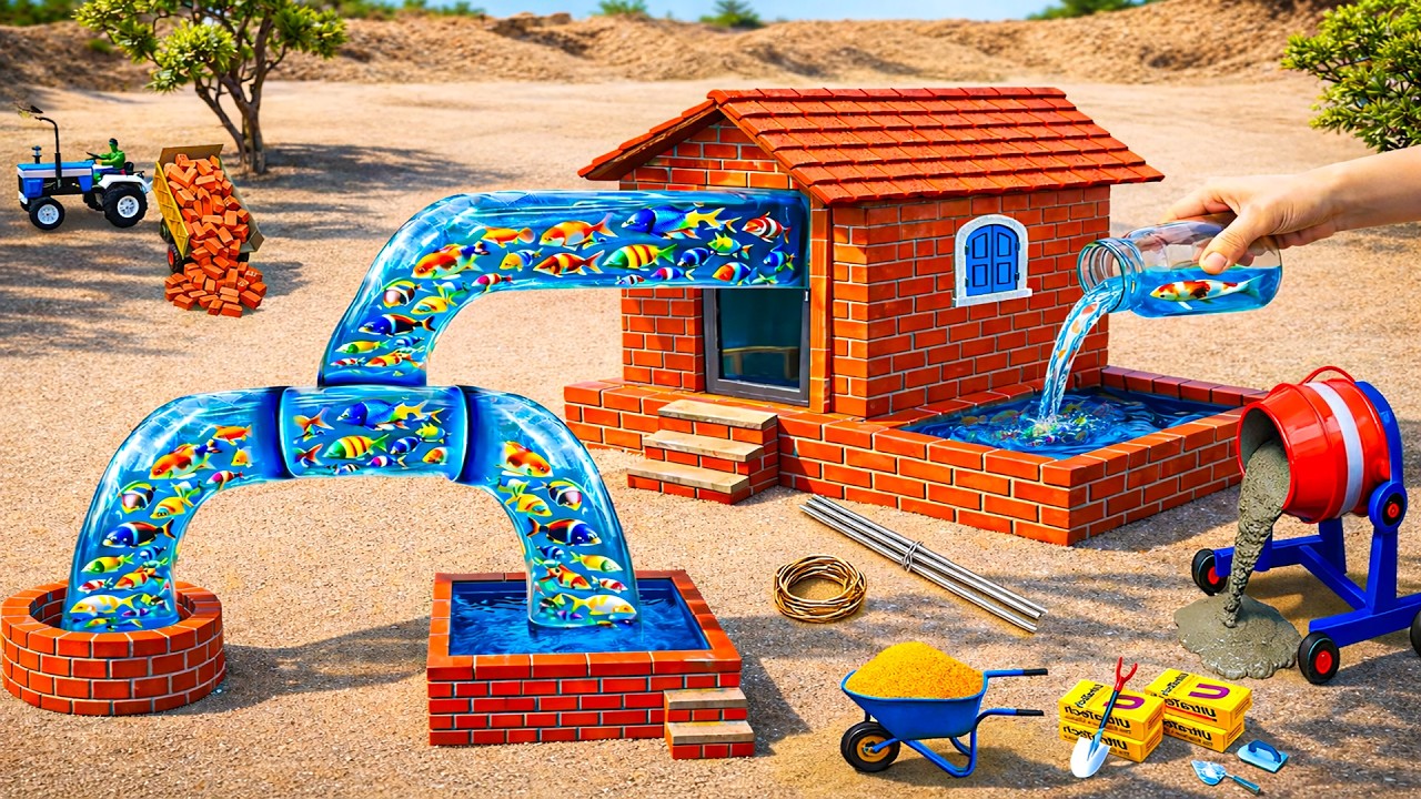 DIY Construction Science Project - Building a Modern Fish House & 2 compartment Pool Tank with Brick
