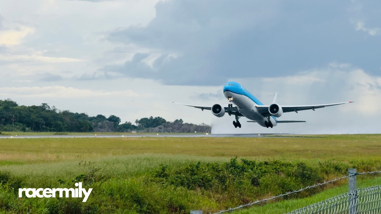 KLM Royal Dutch Airlines Boeing 777 powerful take off on Runway 11 at SMJP #boeing777300er