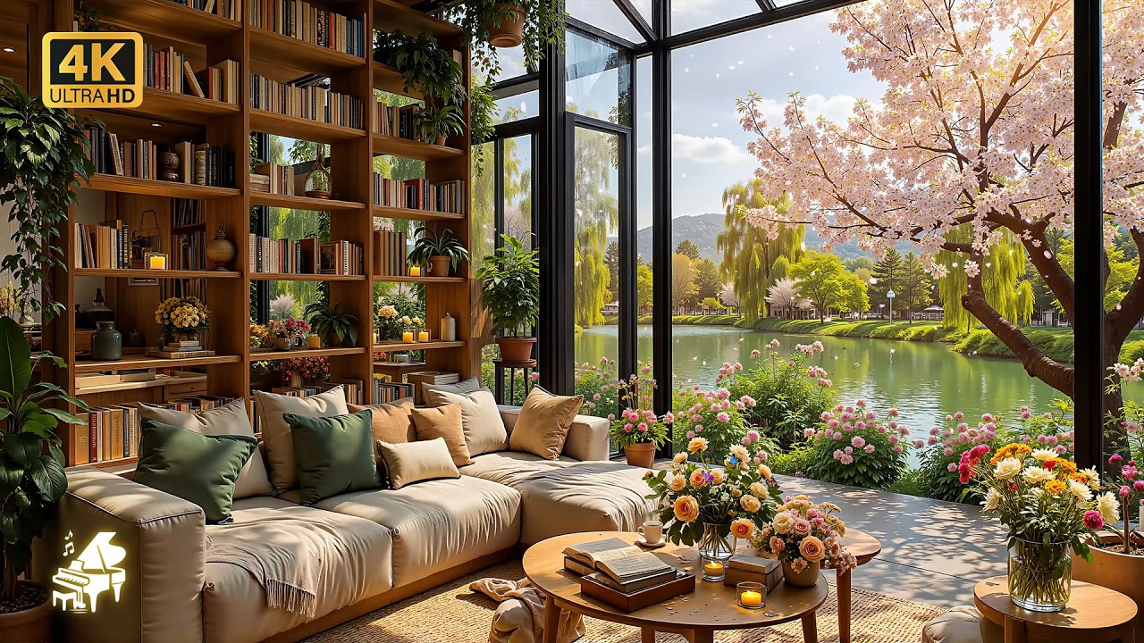 Peaceful Spring Jazz with Sunlit Bookshelves & Lake Views | Reading Books, Floral Calm & Inner Peace
