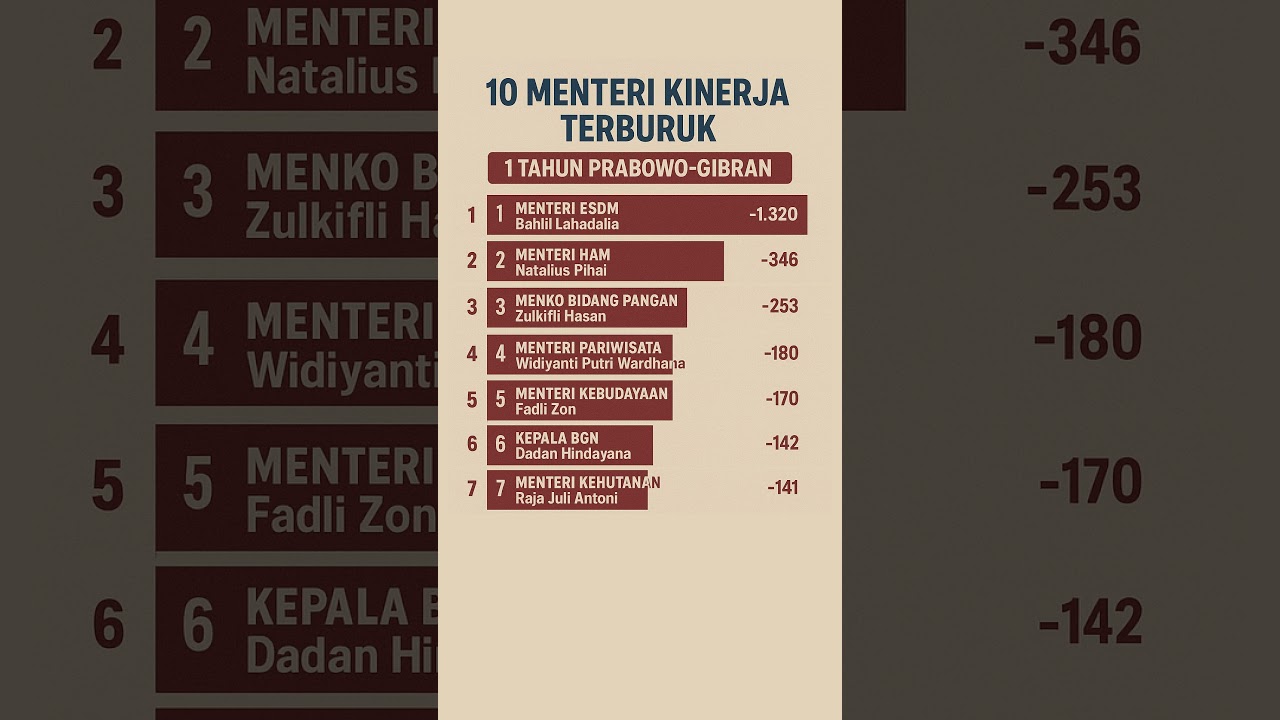 Daftar 10 Menteri dengan Kinerja Terburuk di 1 Tahun Prabowo-Gibran, Baklil Dapat Skor Minus 1320