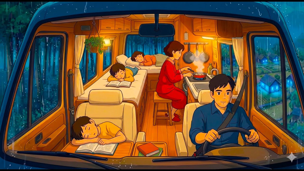 Family road trip sleeping in the car during rainy season ⛈ Cozy Ghibli style