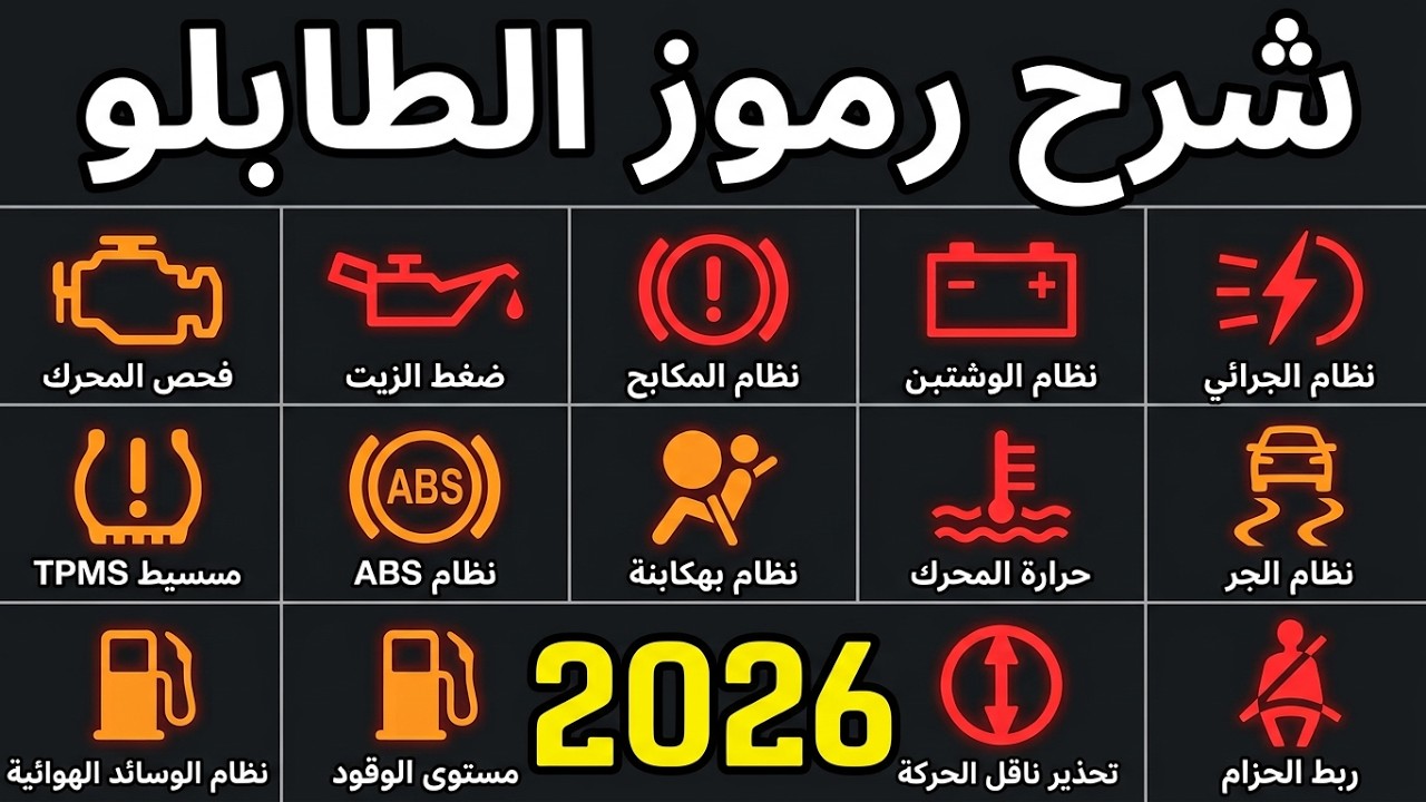 شرح جميع رموز لوحة القيادة (الطابلو) 2026: أضواء السيارة الجاذبة في امتحان رخصة السياقة 🚨🚗