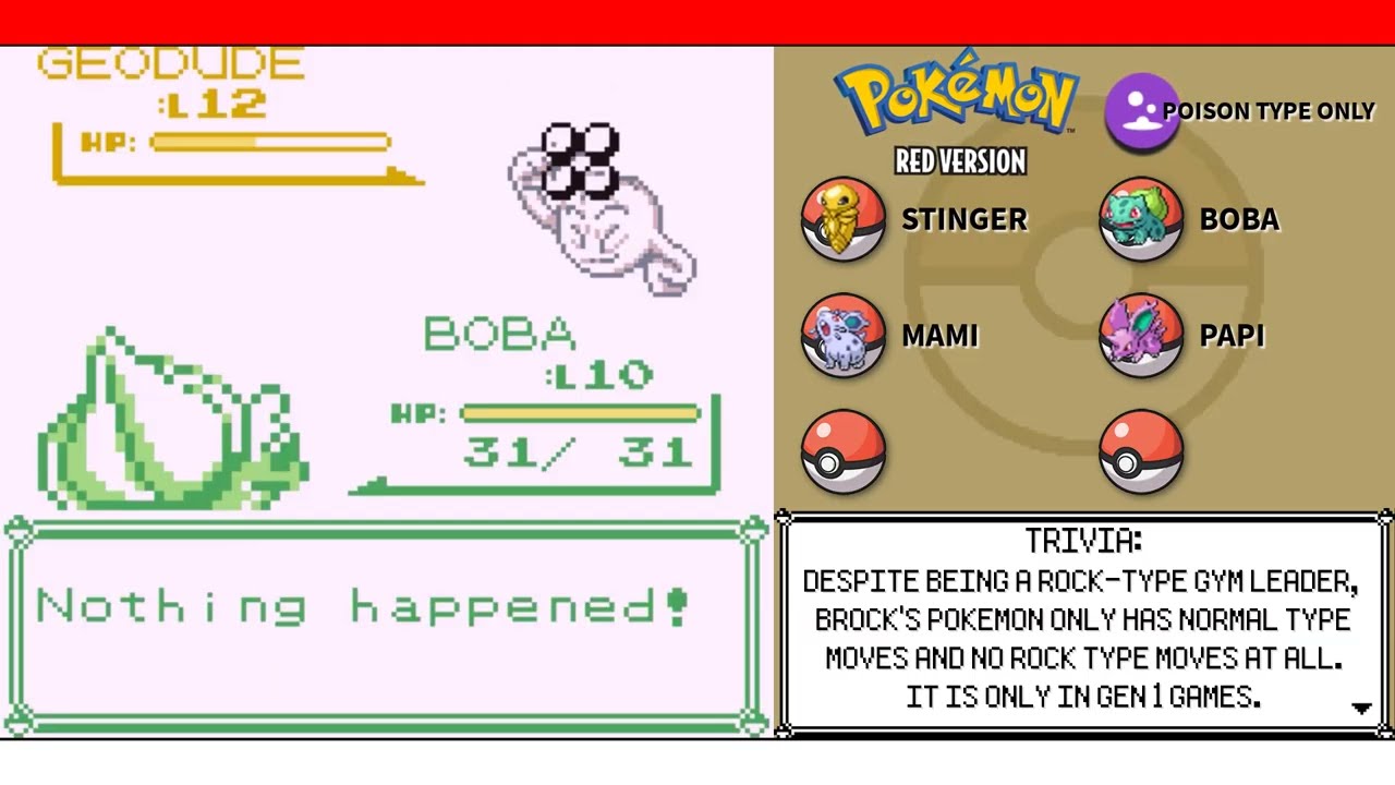 EP01- Beating Brock Without Super Effective Damaging Moves - POKEMON RED - POISON TYPE ONLY