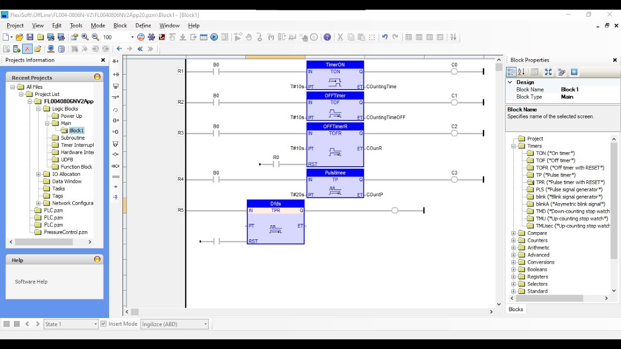 Таймеры PLC FlexiSoft TON, TOF, TOFR, TP и TPR