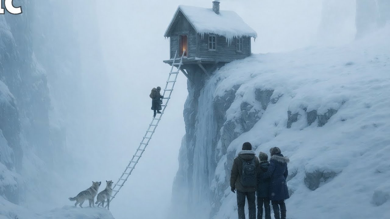 80-Year-Old Couple and children Hanging house cross on old wood ladder to Escape a Pack of wolves 