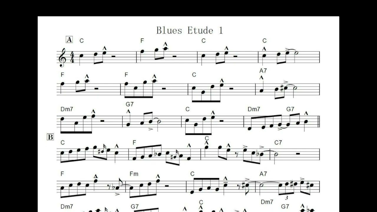 ポピュラーサックス講座「私のアドリブ上達史①コードに合わせて覚えたフレーズを吹く　Blues Etude1」