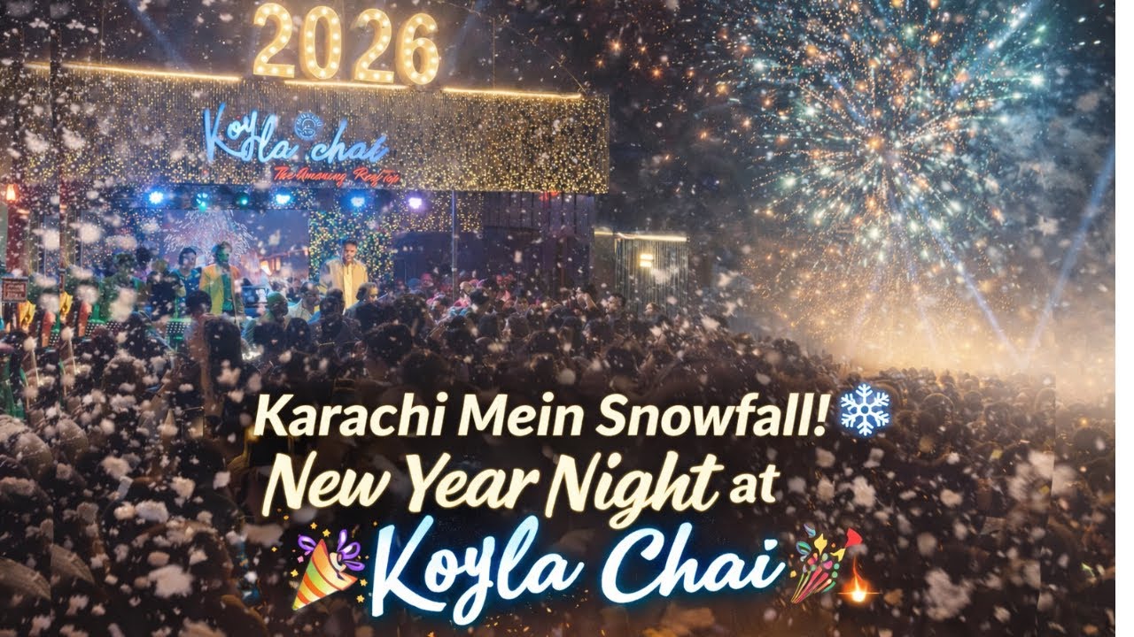 New Year Night at Koyla Chai ❄️🎆 | Snowfall, Fireworks & Full Crowd | Koyla Chai | Karachi | 4K