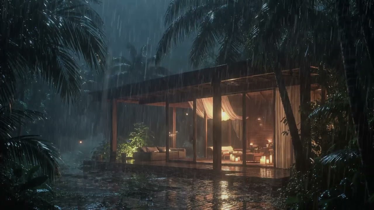 Tropical Rainstorm Night 🌧️ Cabin Ambience for Sleep, Study & Anxiety Relief