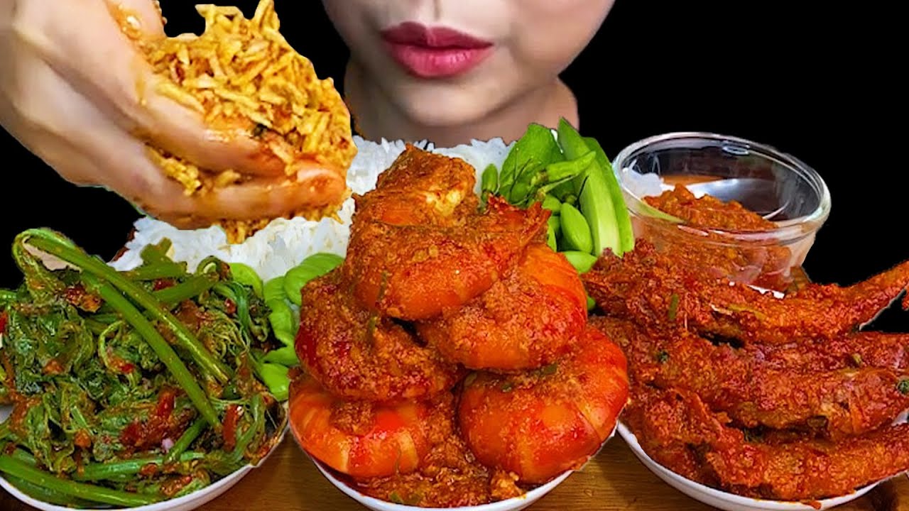 MUKBANG EATING||SPICY FISH CURRY, SPICY PRAWN CURRY, SPICY GOURD LEAF