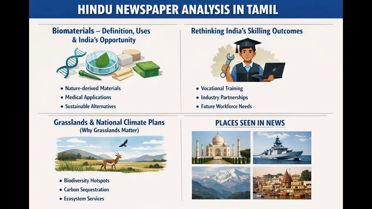 Hindu Newspaper Analysis in Tamil | Biomaterials | India’s Skilling Challenge | Grasslands
