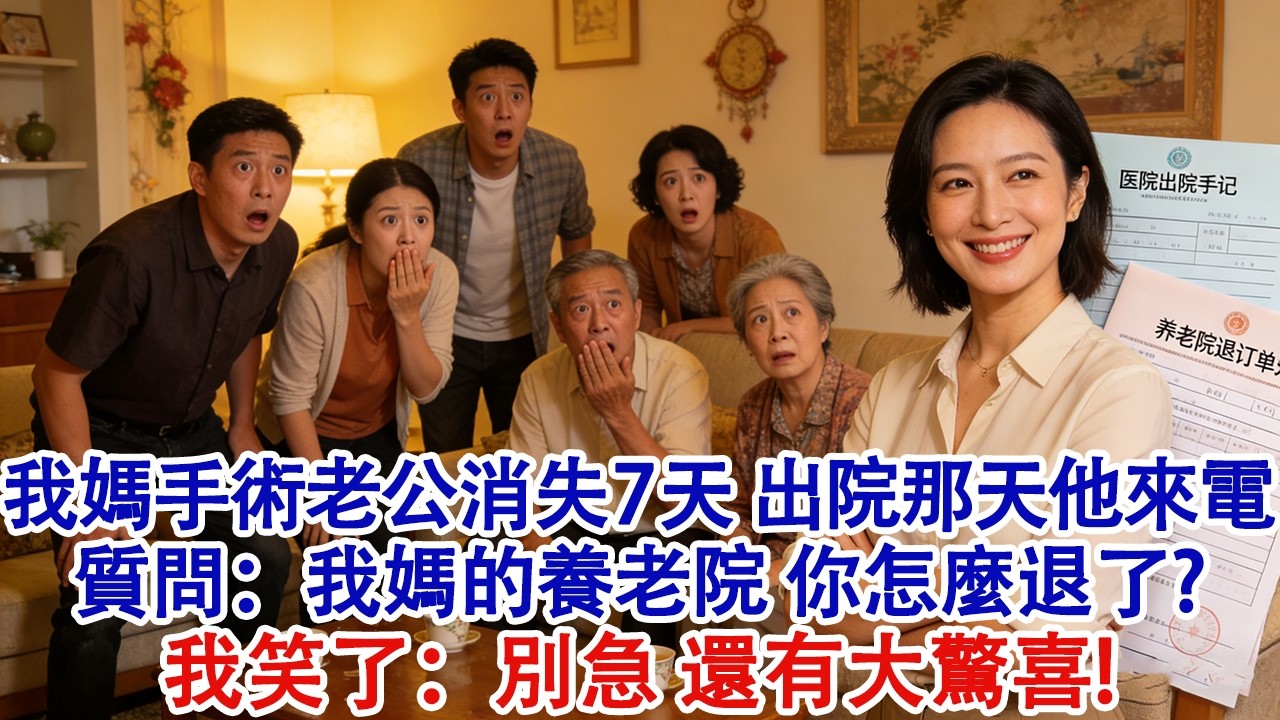 我媽手術老公消失7天，出院那天他打電話來質問：我媽的養老院，你怎麼退了？我笑了：別急，還有大驚喜！當晚婆家慌了：你到底做了什麼！#婆媳 #家庭 #婚姻 #情感故事 #為人處世