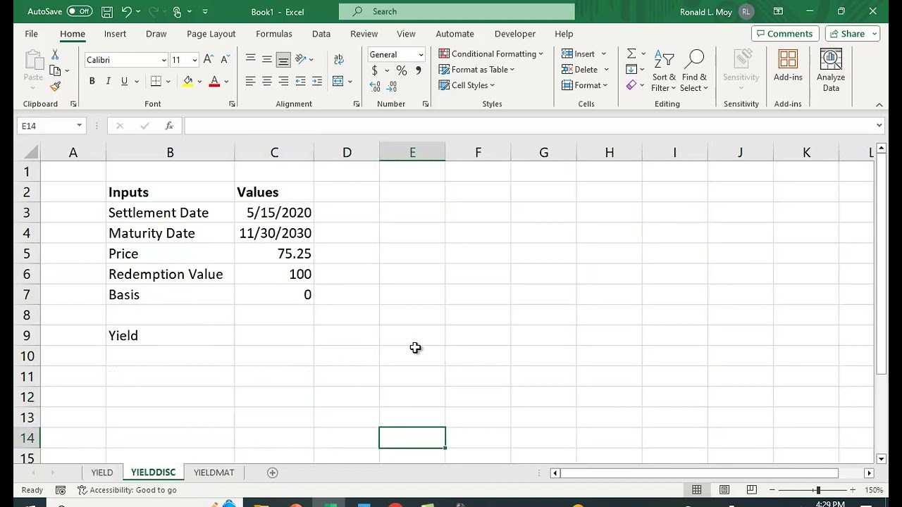 Yield Functions in Excel