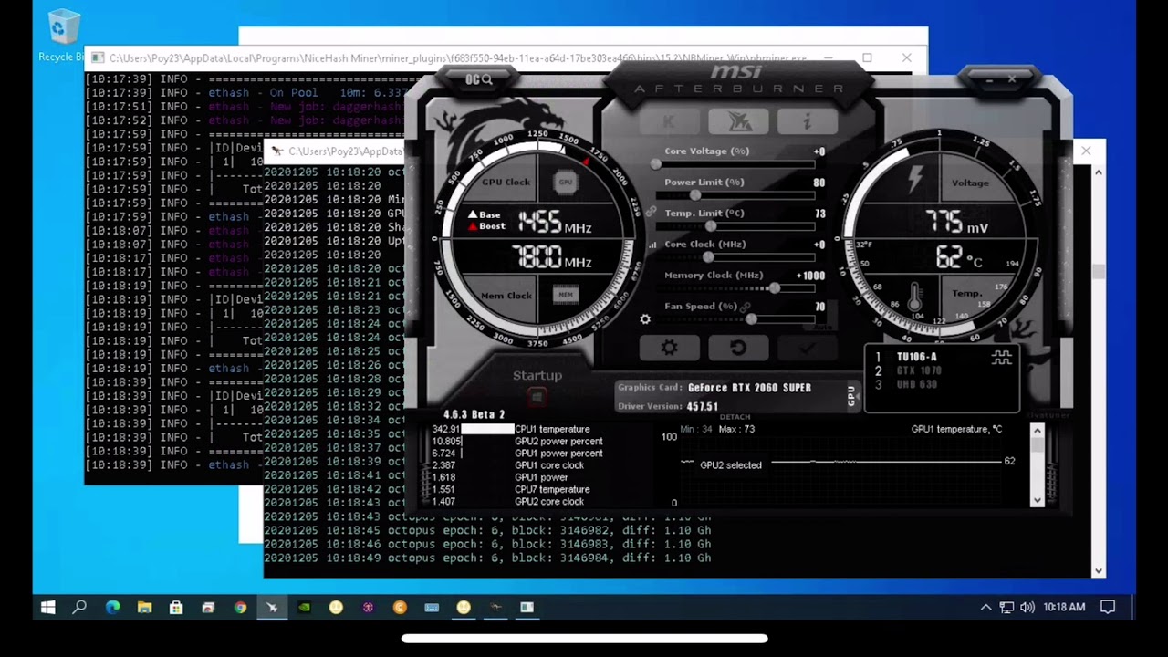 Dual GPU mining Daggerhashimoto + Octopus Algorithm RTX2060Super and GTX1070