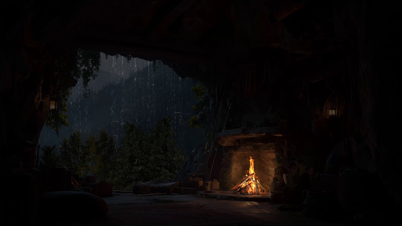 Um Espaço Acolhedor Junto À Lareira, No Meio Do Som Da Chuva Lá Fora, Dentro Da Gruta