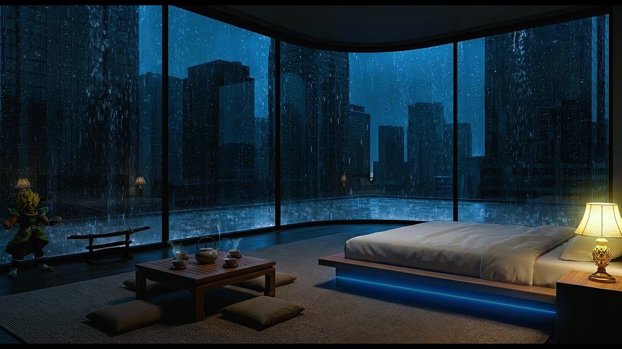 Powerful Thunderstorm at Night overlooking Shadowy City Towers for Deep Relaxation