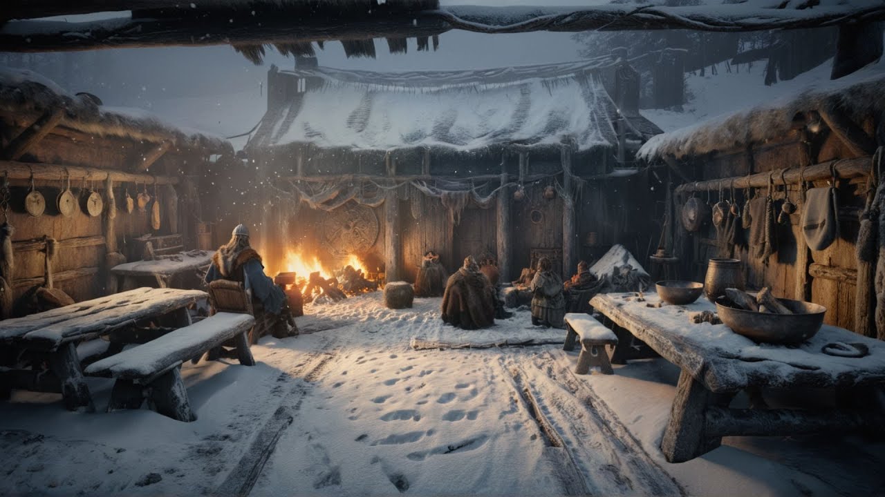 Viking Blizzard Campfire Ambience ❄️ Heavy Wind & Nordic Folk Music | Study, Focus, Sleep