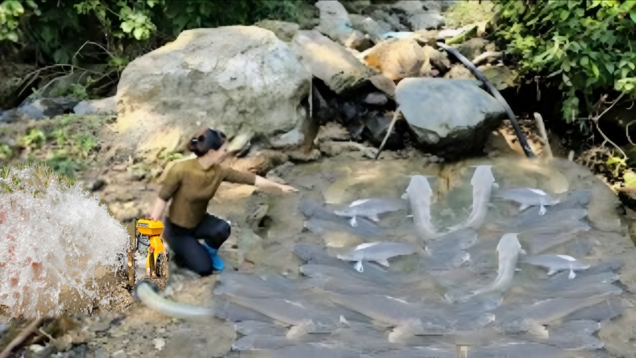 The girl used a water pump to catch fish in a stream and unexpectedly caught many large carp.