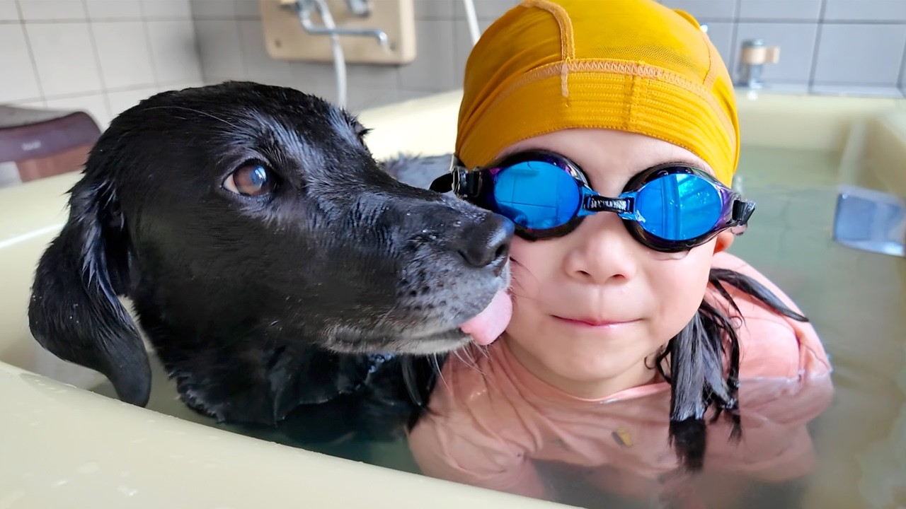【犬Vlog】仲良くお風呂と見せかけて娘だけが楽しんでいて困ってる犬。