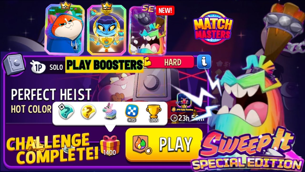 Play 3 Boosters/ Hot Color+Bombs Away Solo Challenge Perfect Heist/ 1400 Score /Match Masters
