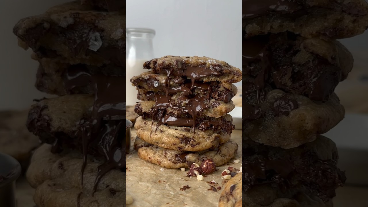 Vegan Nutella Stuffed Chocolate Chip cookies! Recipe on my site! #cookies #baking #veganrecipes
