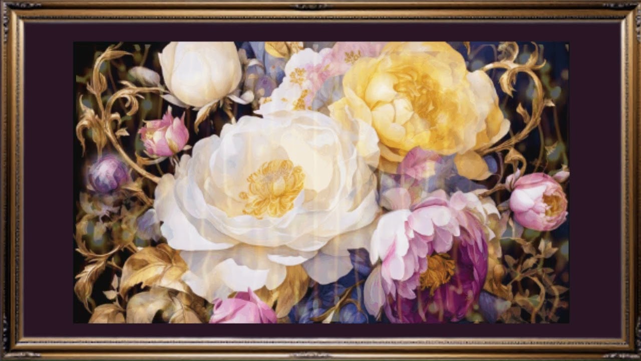 Golden Framed Vintage Peonies TV Art . Baroque Flower Bouquet, Paint