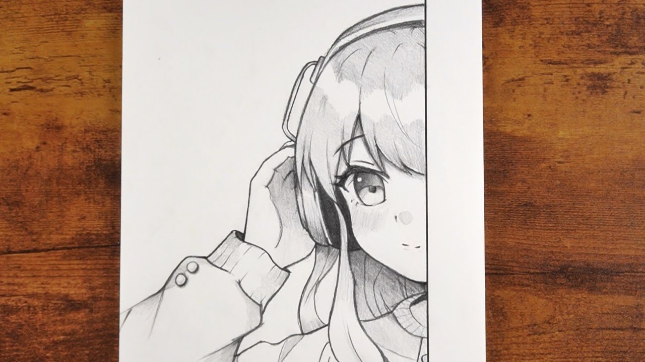 Easy Anime Girl Sketch with Headphones: Simple Half-Face Drawing Tutorial