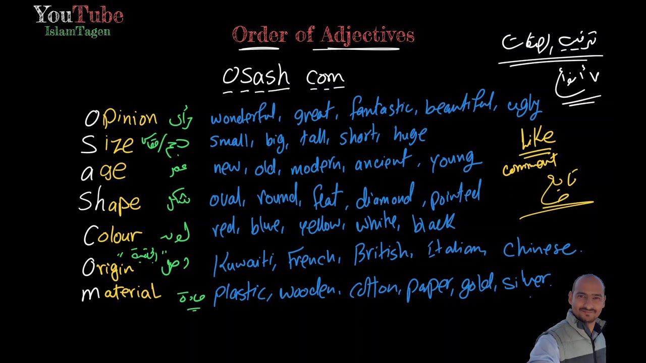 Grammar - Order of adjectives - قواعد اللغة الانجليزية - ترتيب الصفات