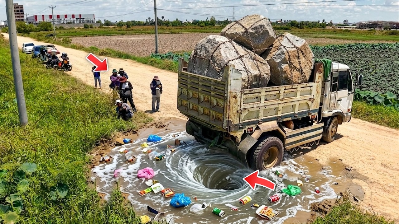 Start New Project !! Stone delete garbage pond by skillful Team Dump Truck & Power Dozer