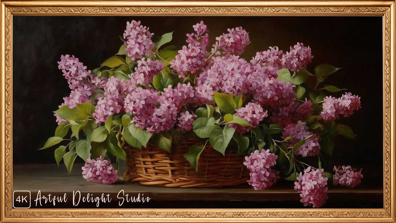 Gorgeous Pink Lilac Bouquet in a Basket Frame TV Art | 4K TV Screensaver | Golden Frame | Audio