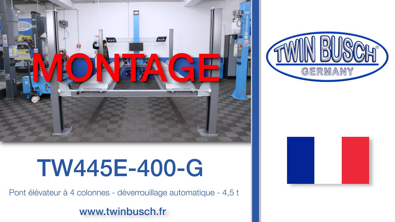 Vidéo de montage du pont élévateur à 4 colonnes TW445E-400-G de TWIN BUSCH®