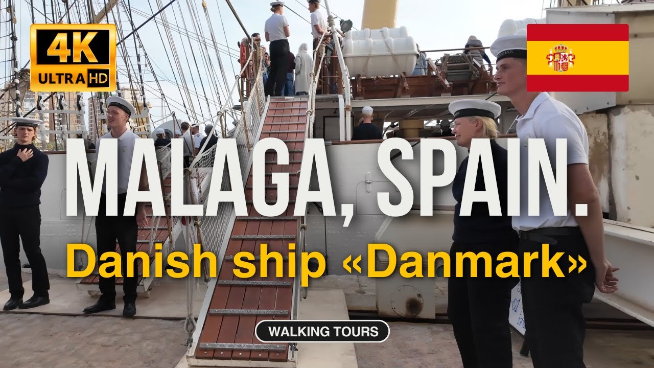 The Danish training ship «Danmark» in the port of Malaga, Spain. Walking tour 4K video Ultra HD.