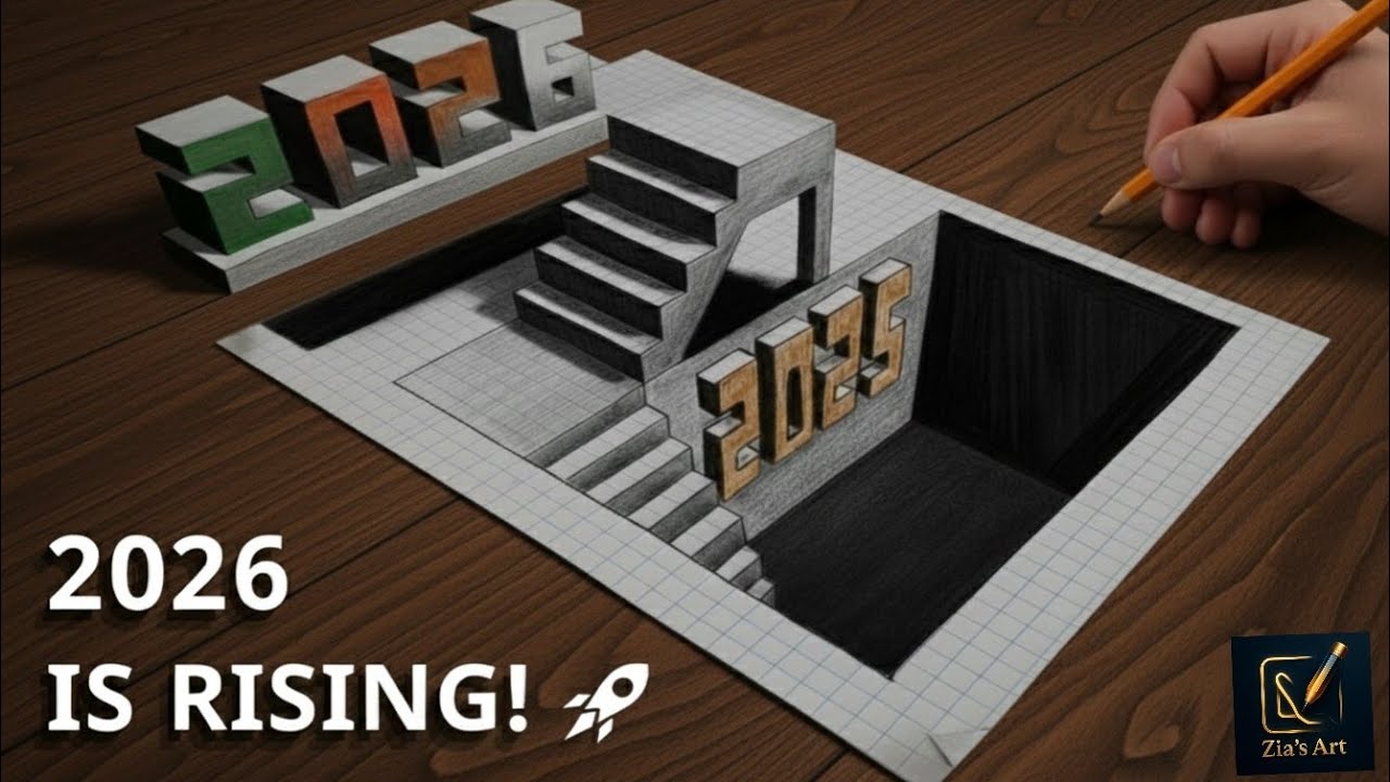 🎆 3D-иллюзия рисунка к Новому году 2026 | Реалистичная анаморфная графика карандашом