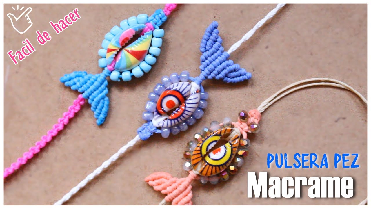 como hacer pulsera de hilo🐟 PULSERA de Pez🐚con caracol buzio y mostacillas