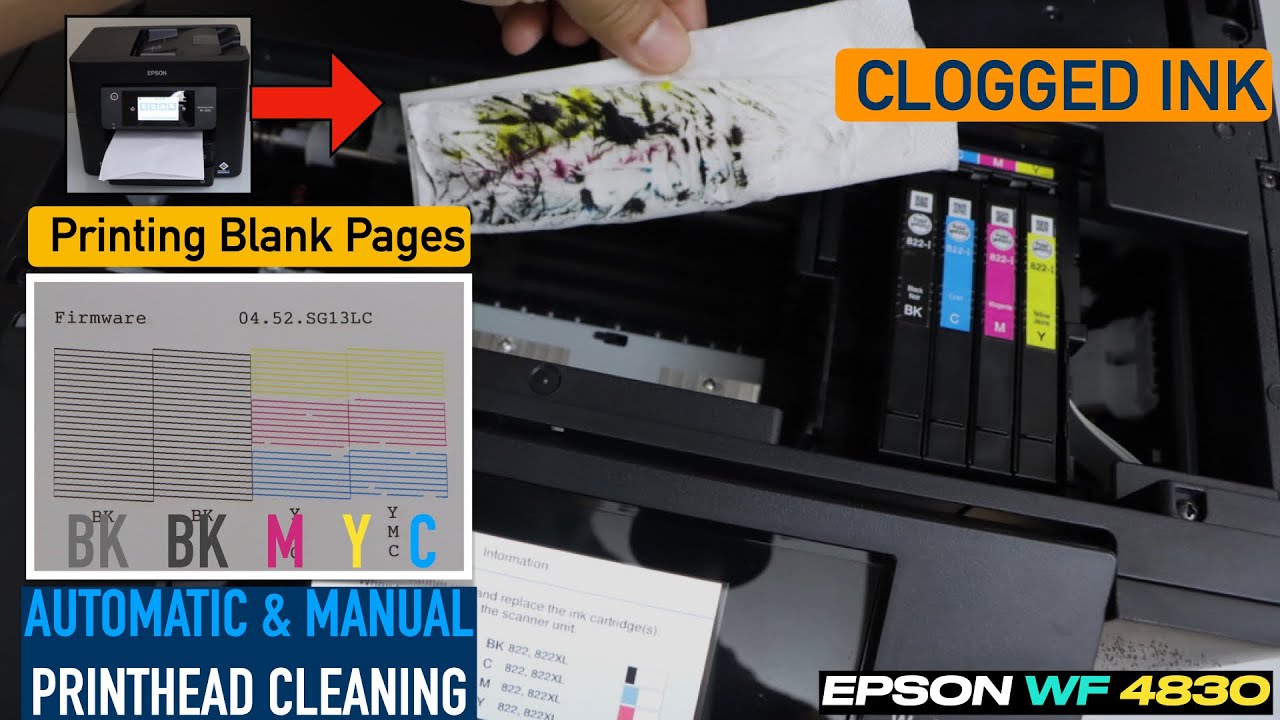 Epson WF4830 Printing Blank Pages- Fix Clogged BK Y, M, C Ink, Automatic & Manual Printhead Cleaning