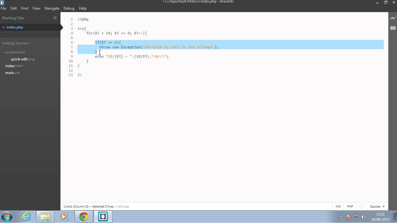 Php Tutorial - Exceptions try and catch