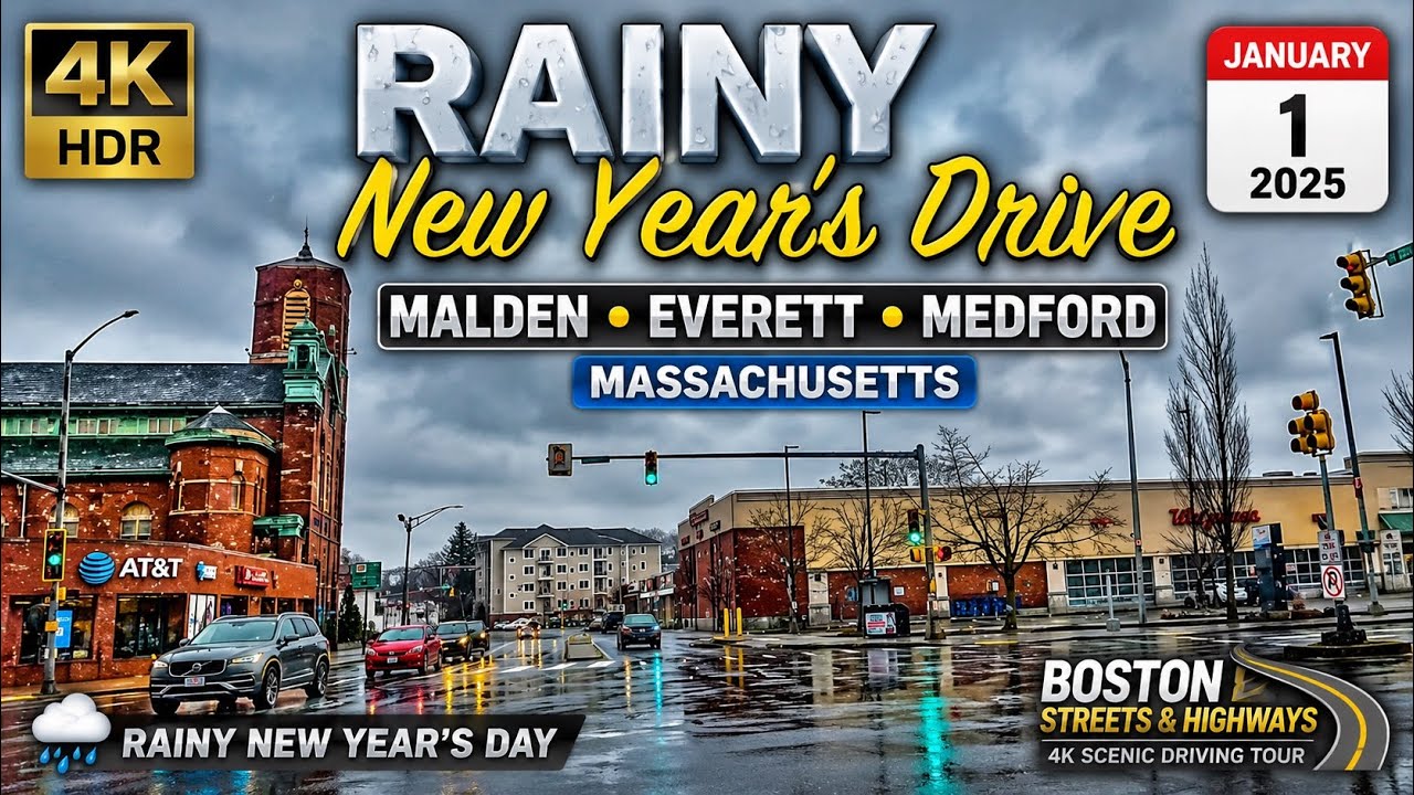 🚖 Malden - Everett - Medford Massachusetts | 4K Rainy Driving Tour - 1/1/25